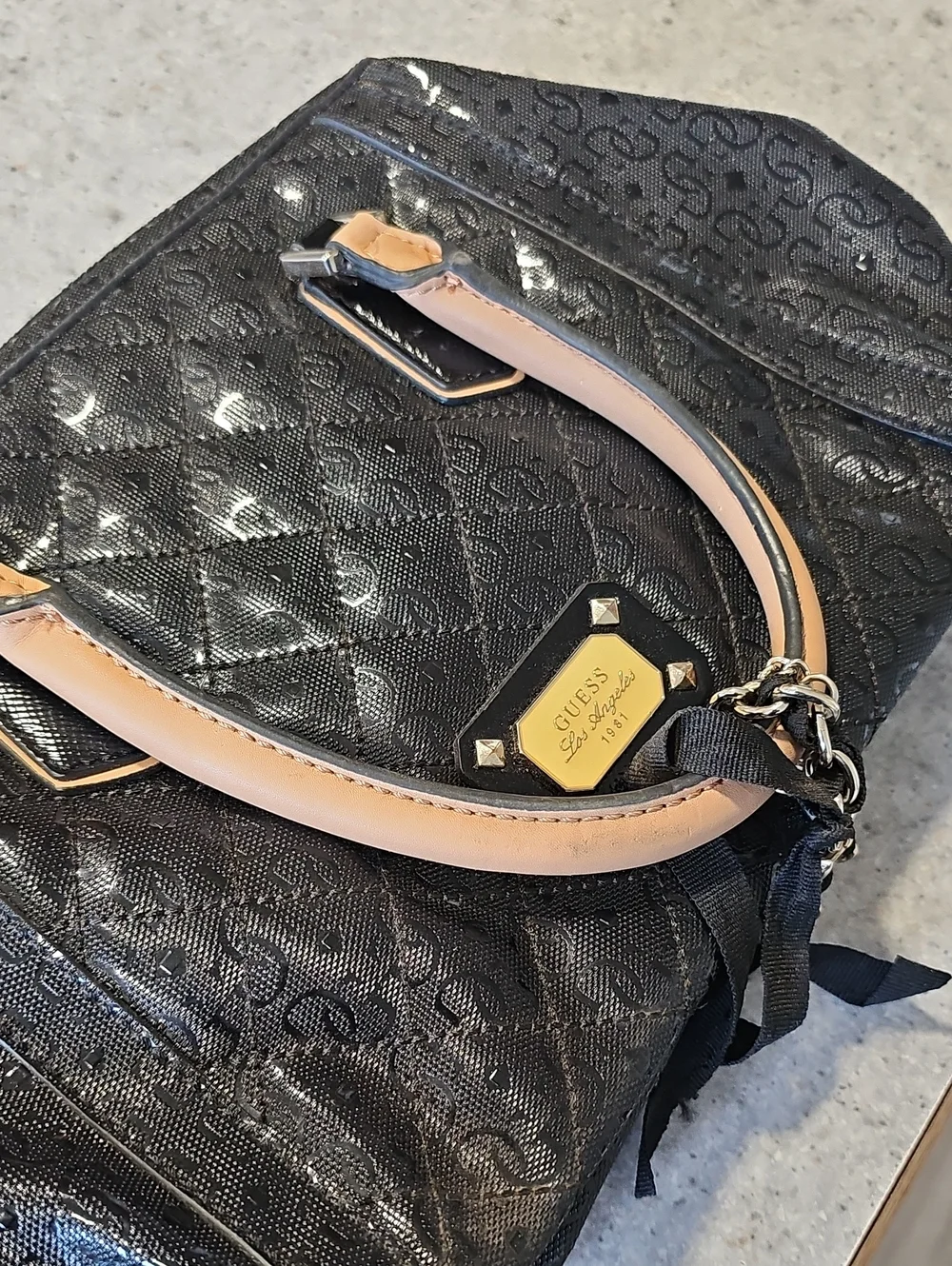 GUESS Black Satchel with Tan Handles and Gold Plaque - Picture 2 of 4
